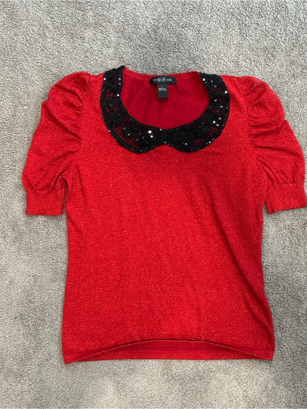 august silk Red Short Sleeve Top with Black Sequined Peter Pan Collar